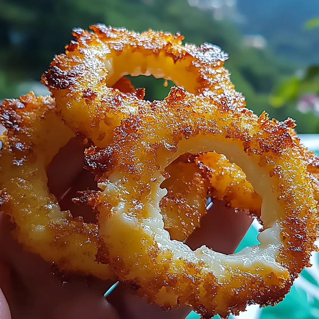 A hand holding a fried onion ring.