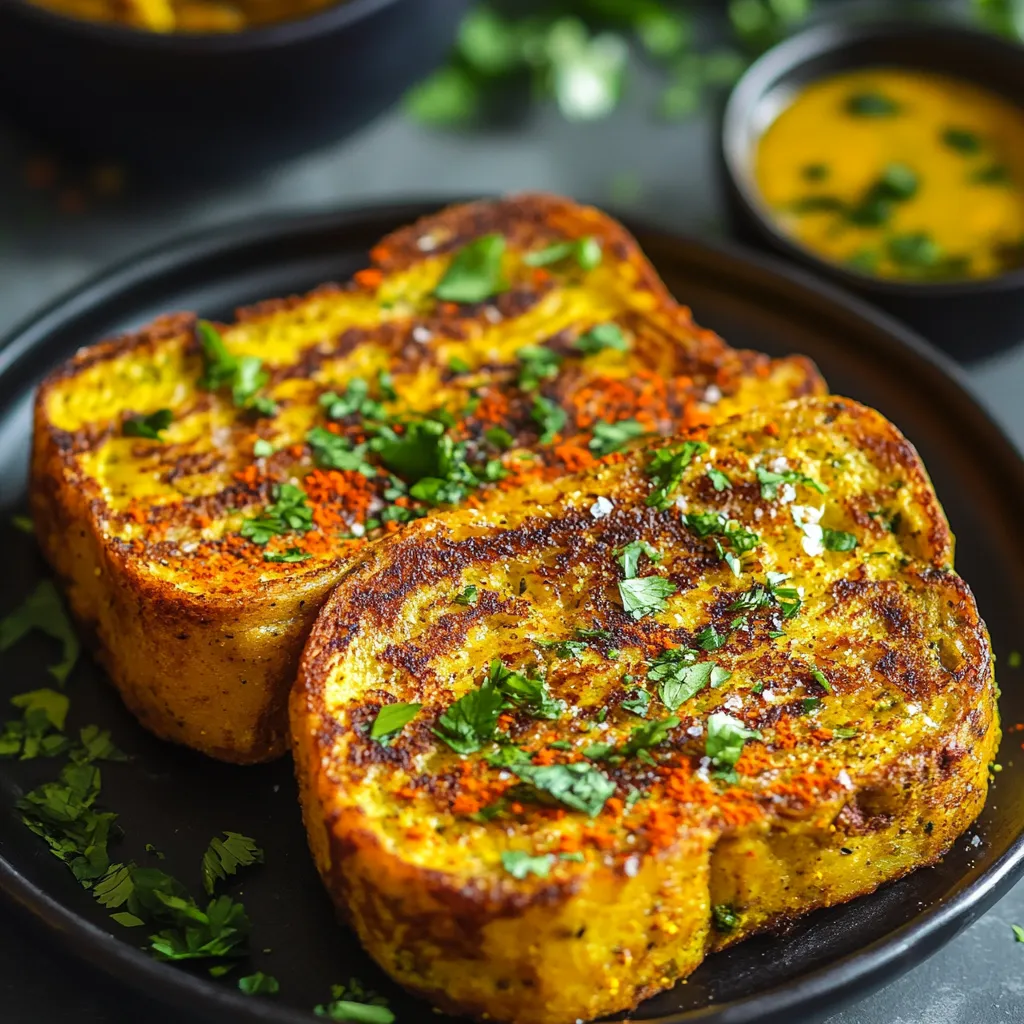 Two pieces of fried bread with herbs on top.