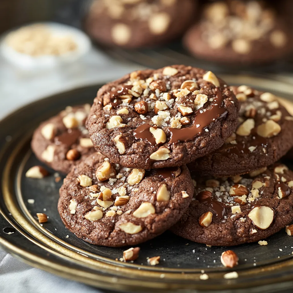 A plate of chocolate cookies with nuts.