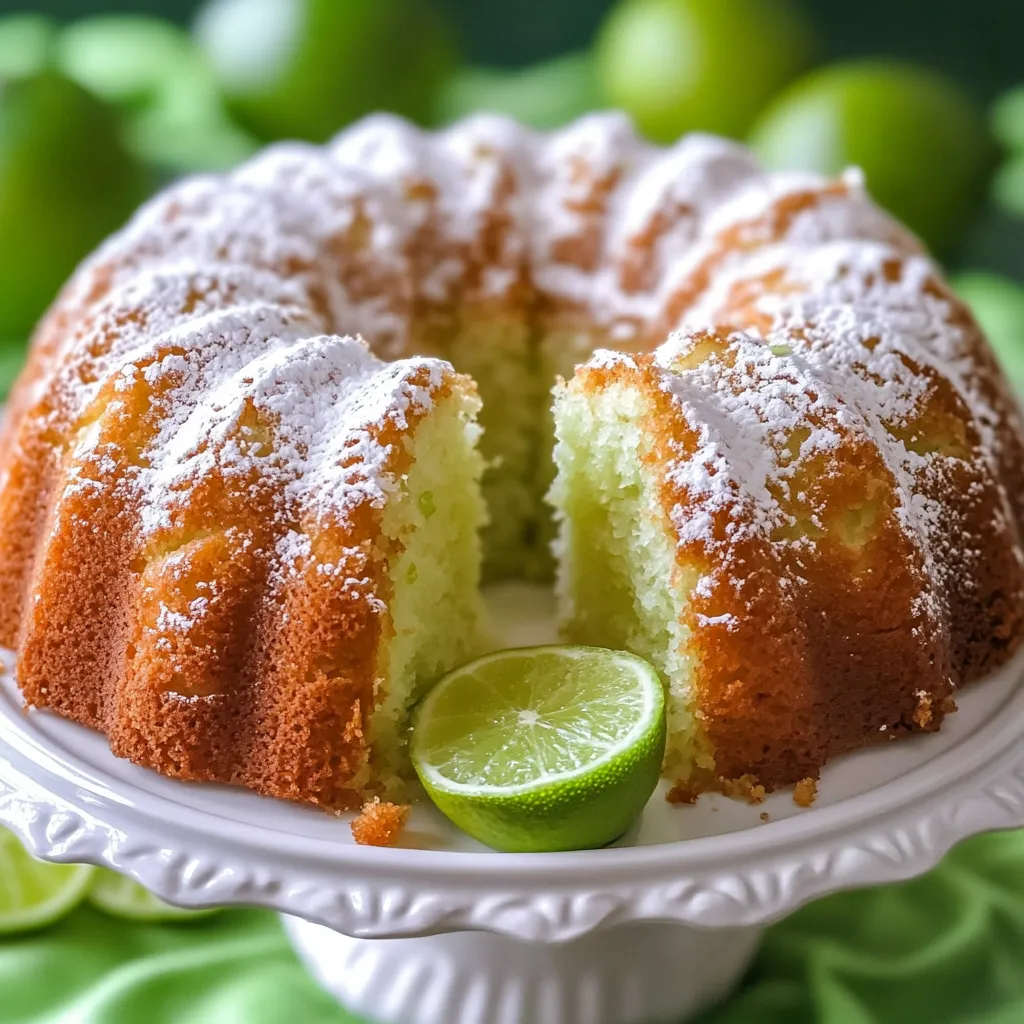 A slice of cake with white frosting and a lime wedge on top.