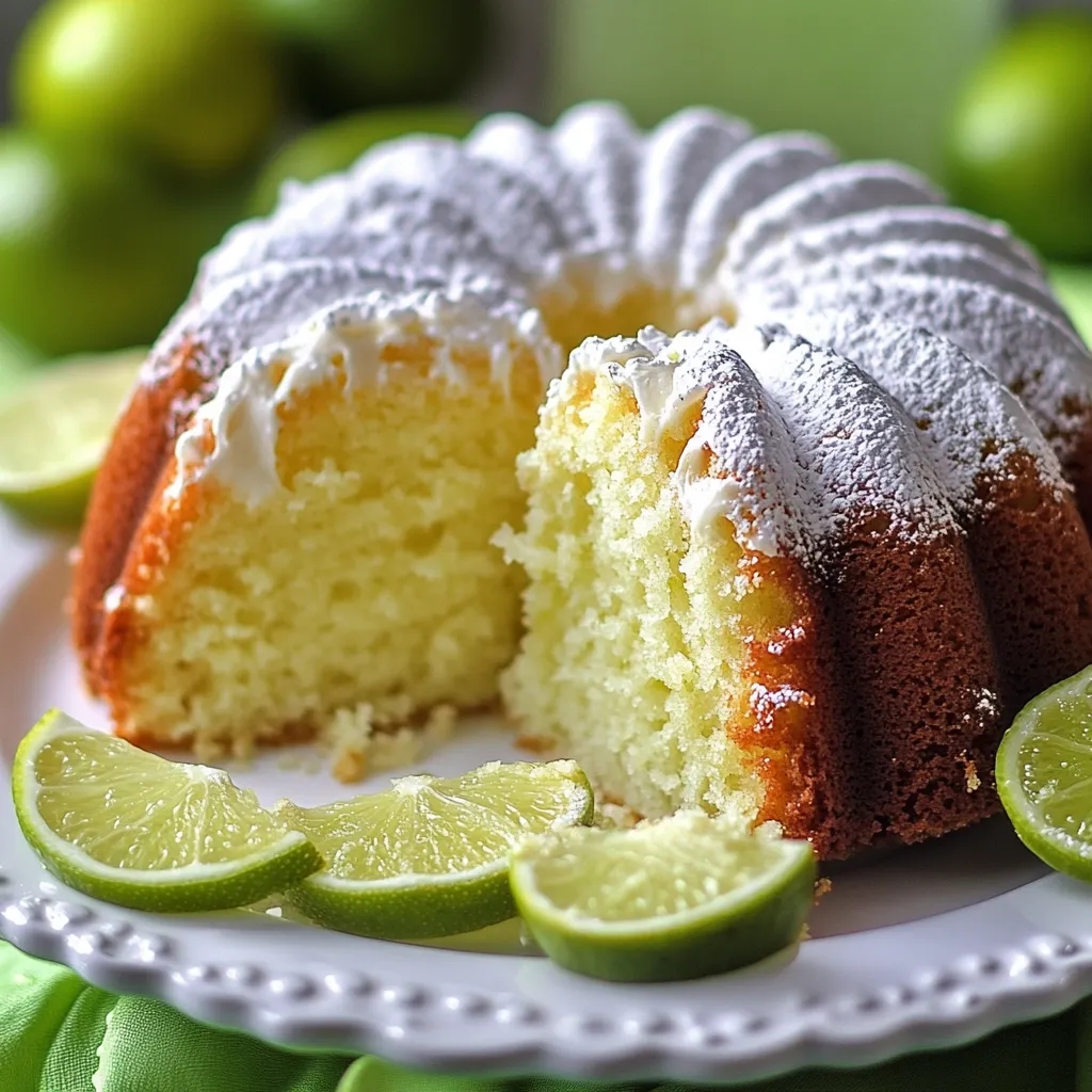 A slice of cake with white frosting and limes on the side.