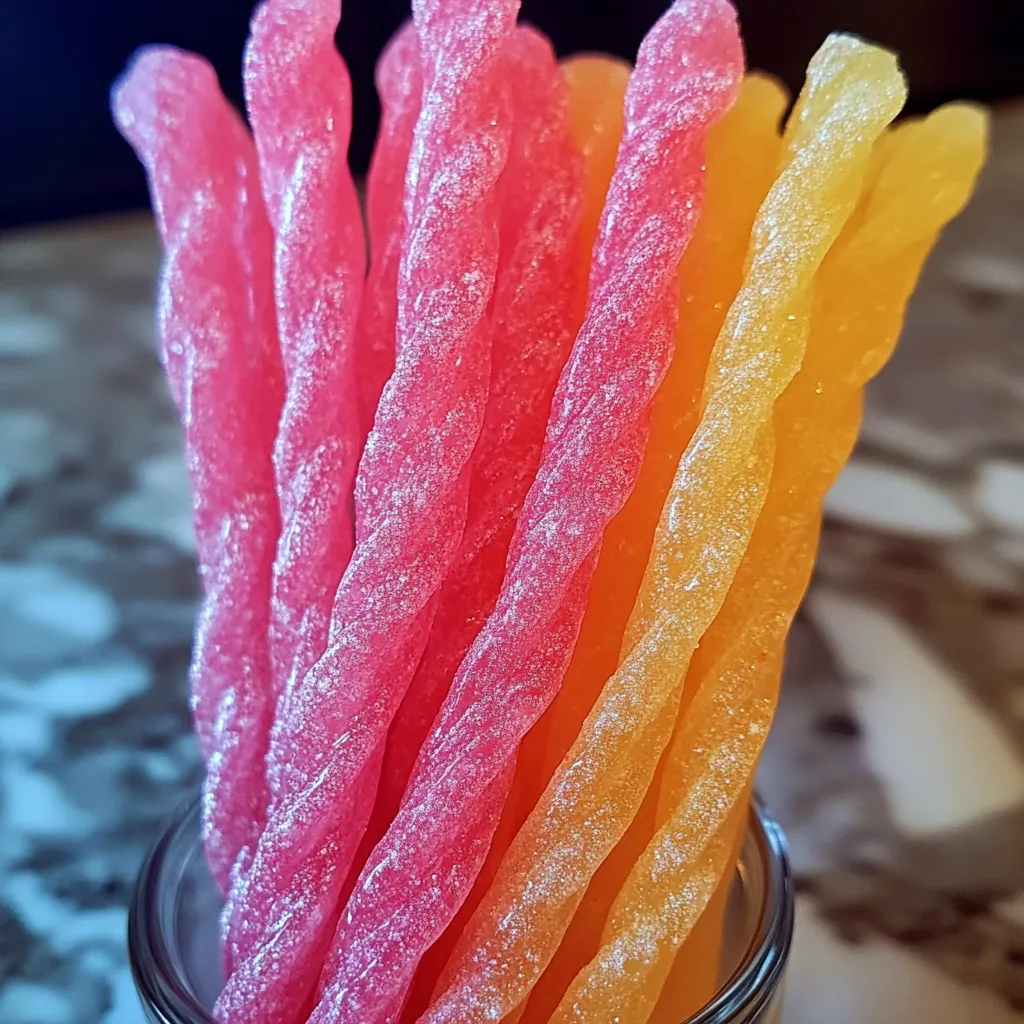 A jar of candy with pink, orange and yellow stripes.