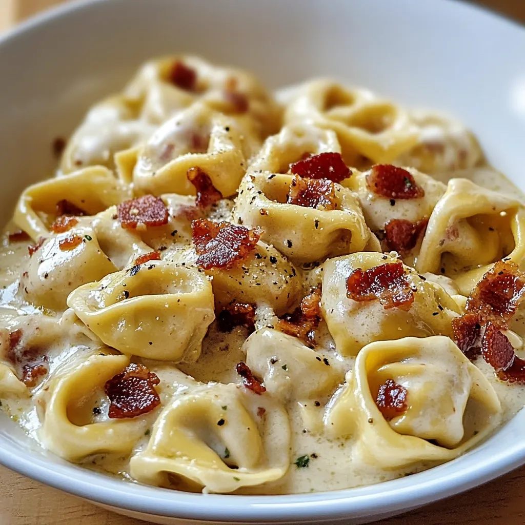 A bowl of pasta with bacon and cheese.