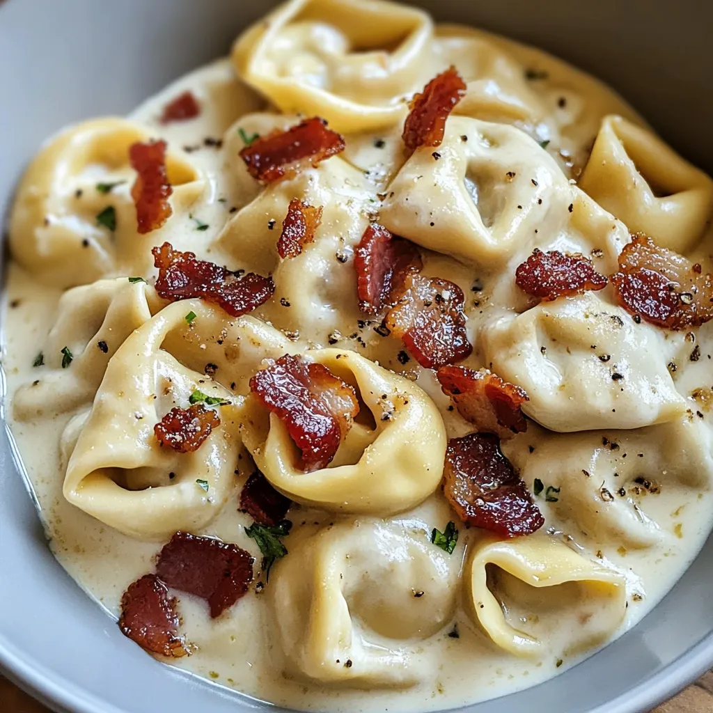 A bowl of pasta with bacon and cheese.