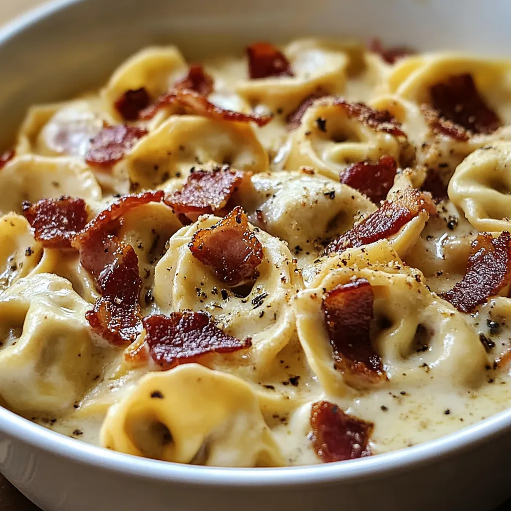 A bowl of pasta with bacon and cheese.