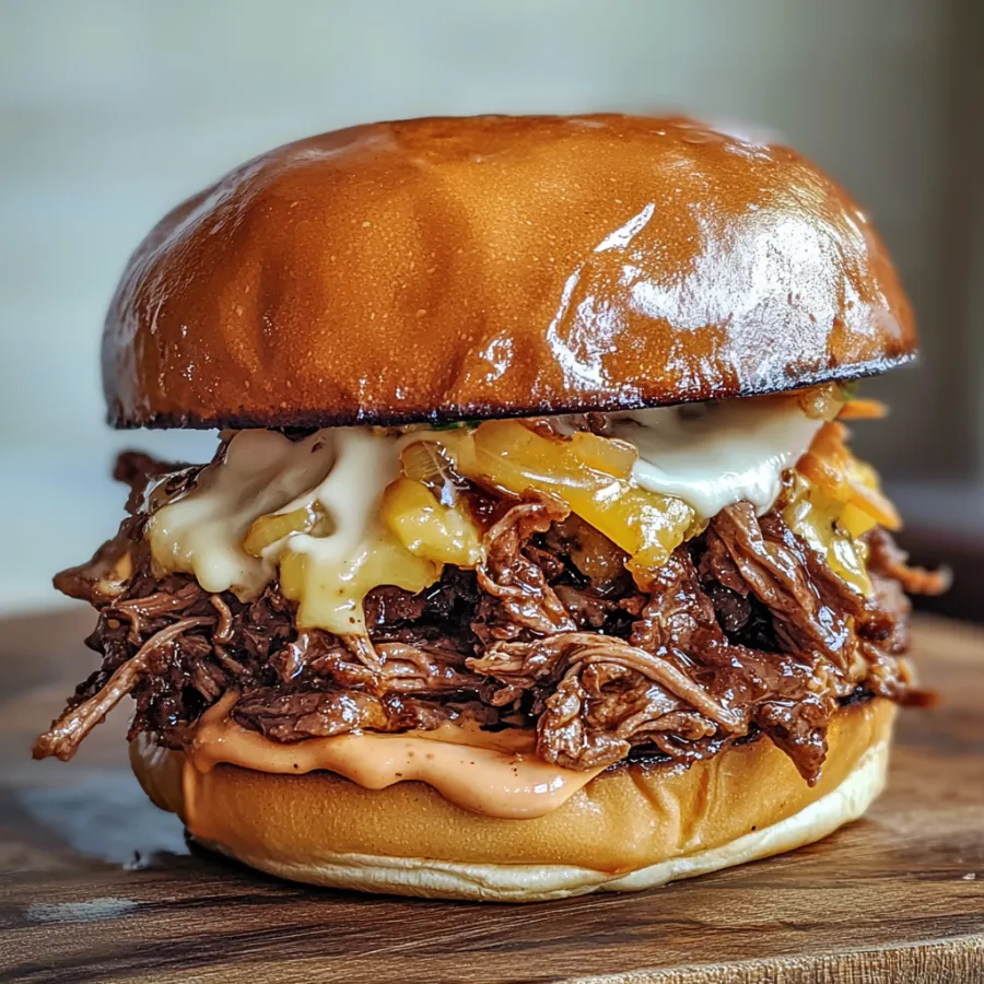 A sandwich with meat and cheese on a bun.