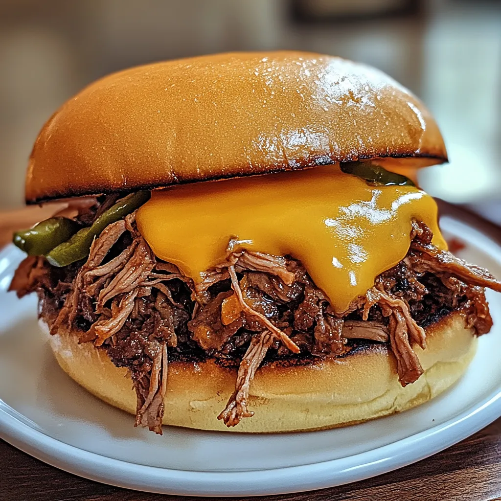 A sandwich with meat and cheese on a white plate.