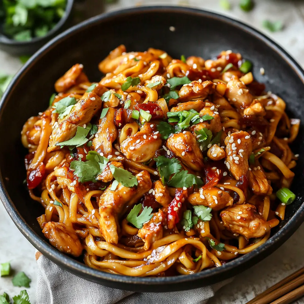 A bowl of noodles with chicken and vegetables.