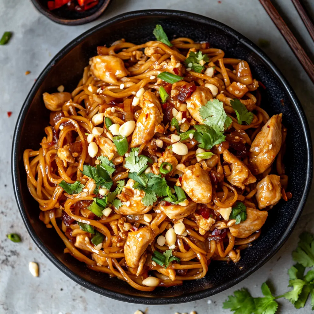 A bowl of noodles with chicken and peanuts.