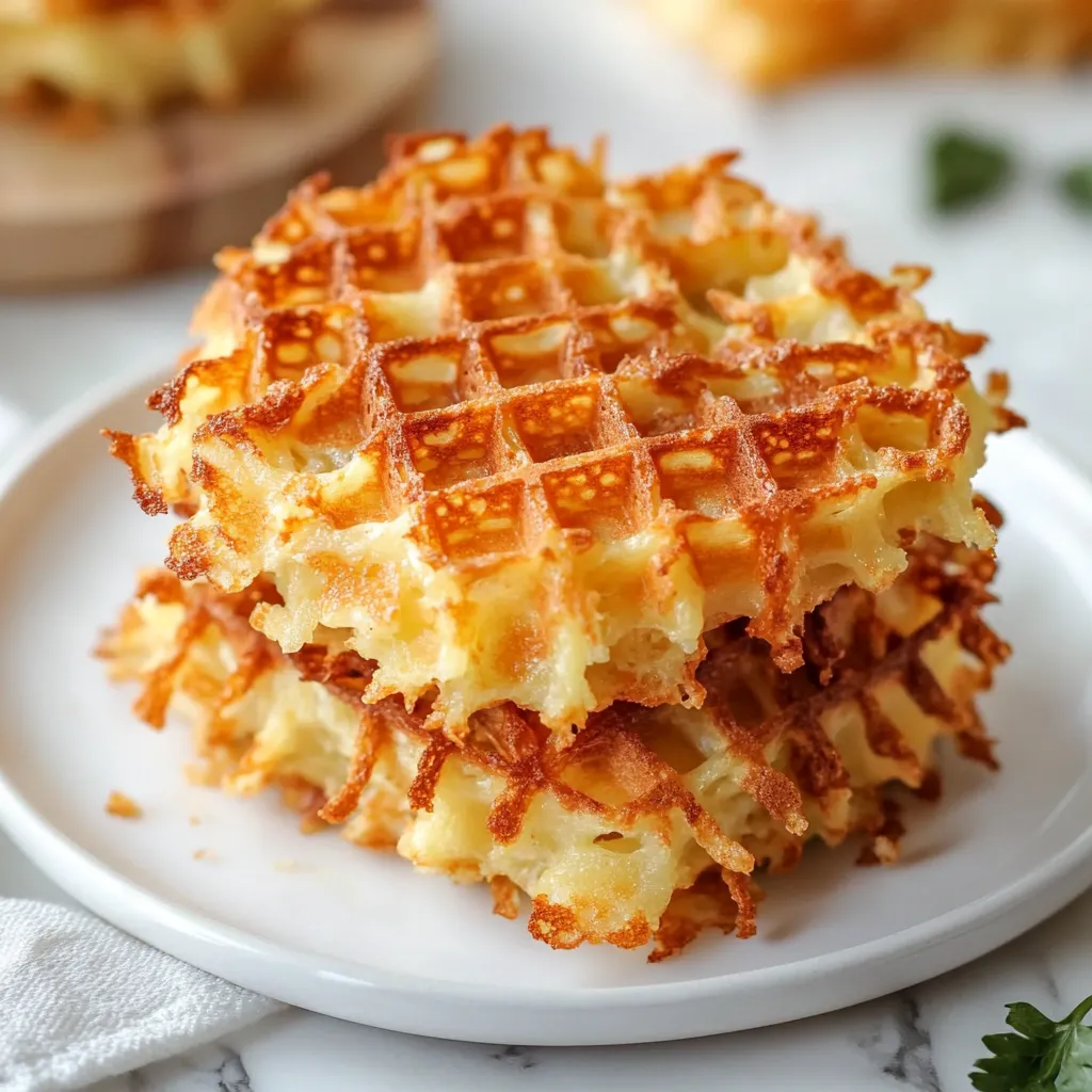 A stack of waffles on a plate.