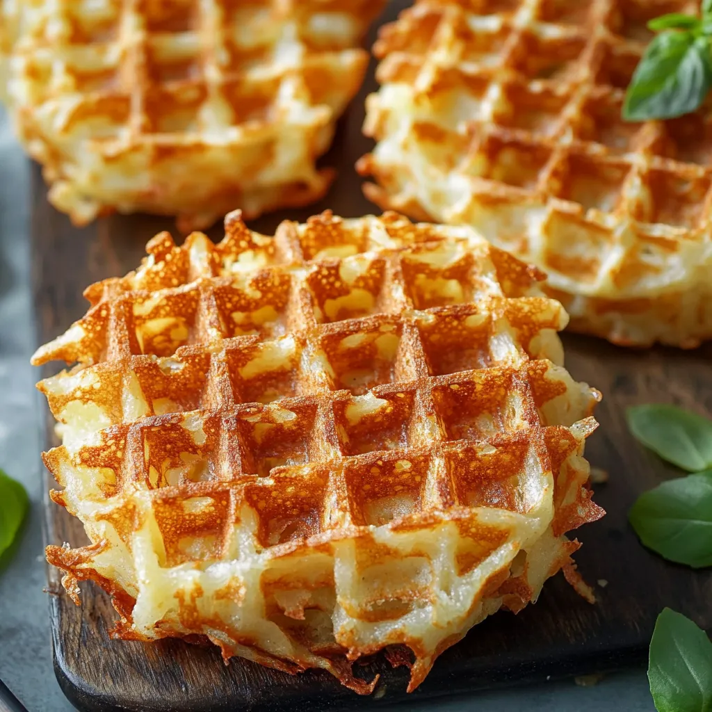 Two waffles on a wooden board.
