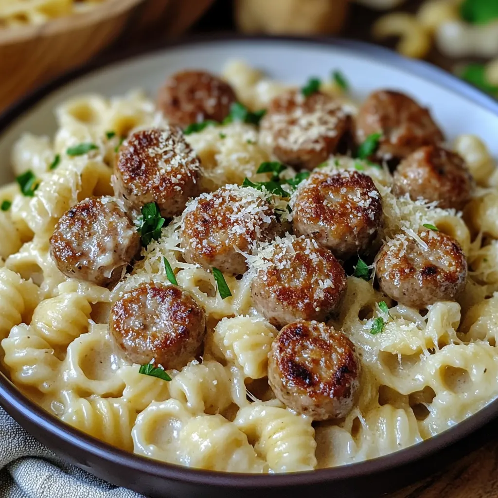 A bowl of pasta with meatballs and cheese.