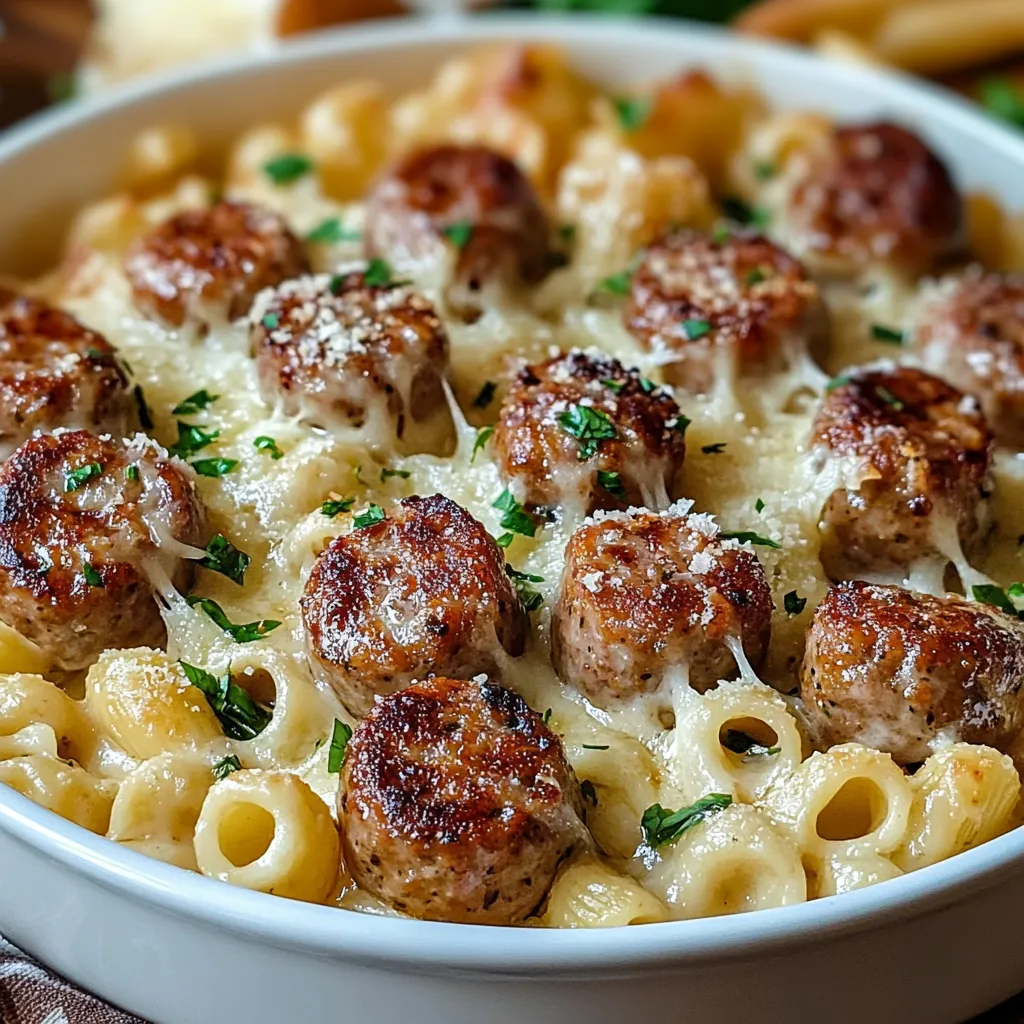 A bowl of macaroni and meatballs.