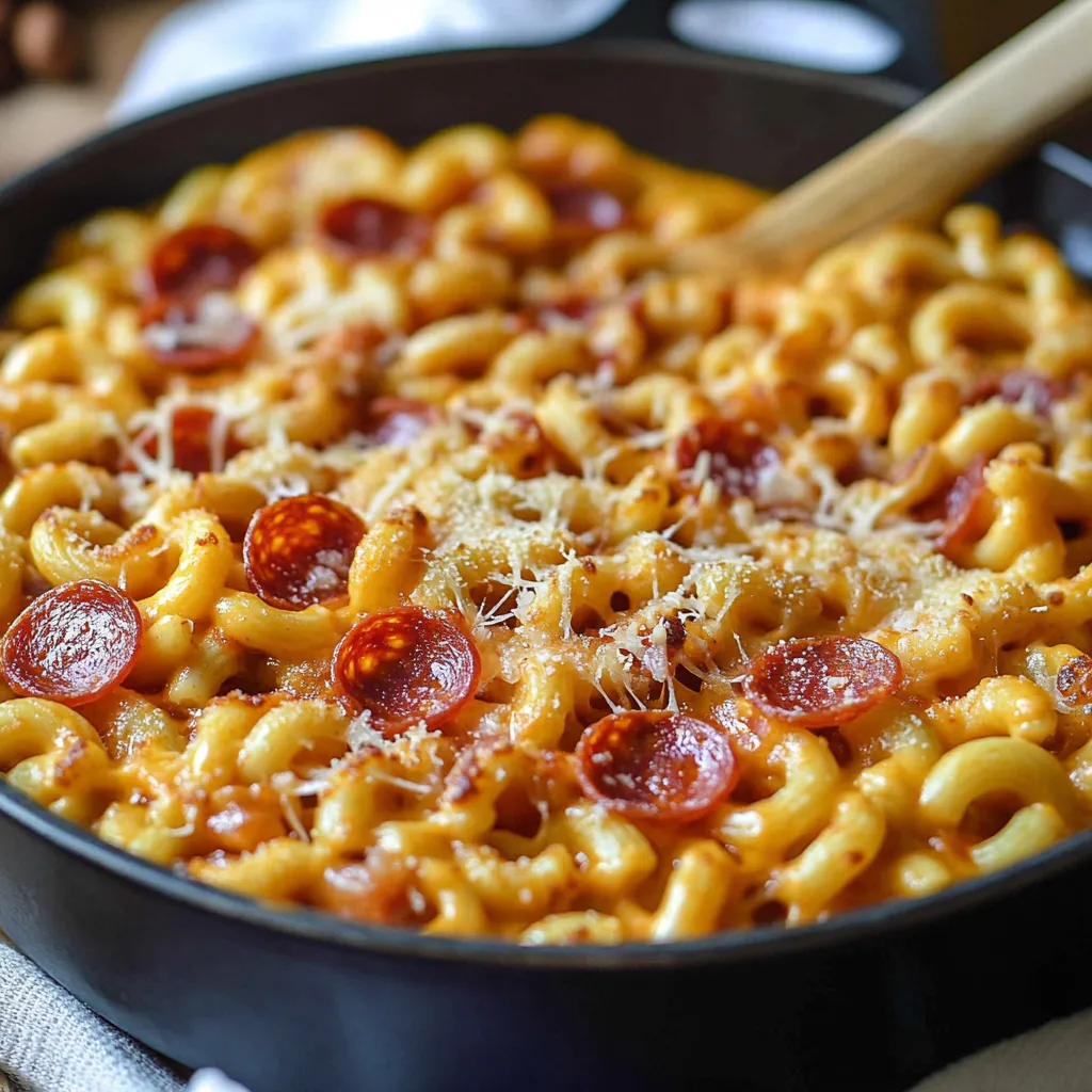 A bowl of macaroni and cheese with pepperoni.