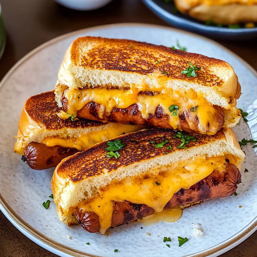 Two grilled cheese sandwiches with hot dogs in between.