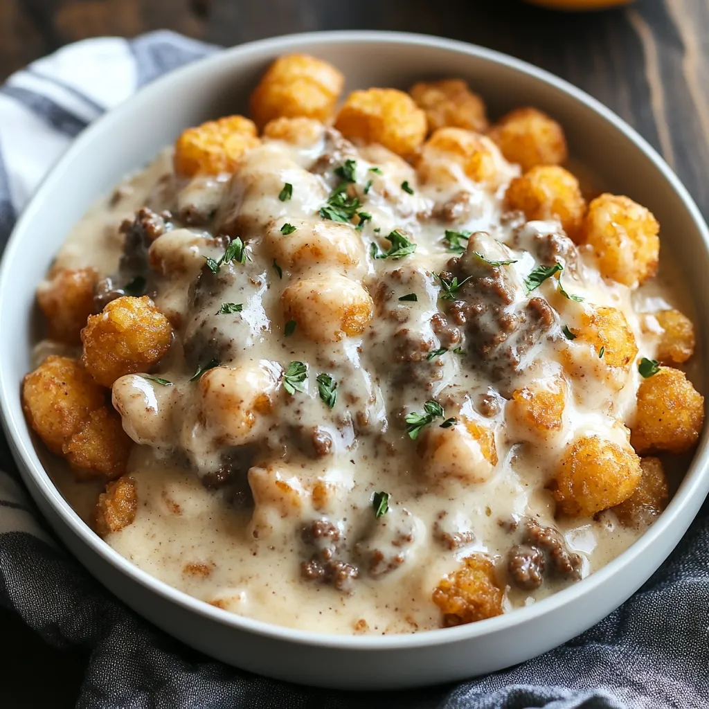 A bowl of food with tater tots and meat.