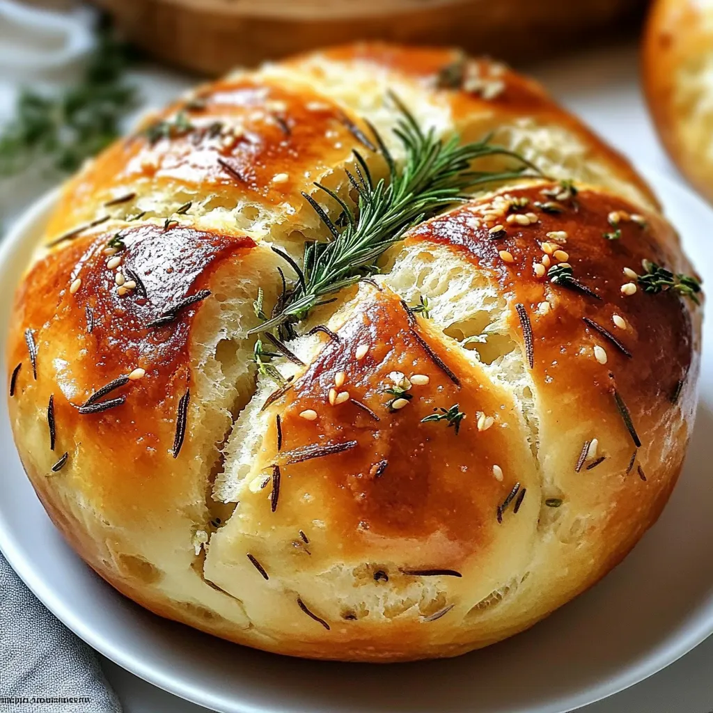 A loaf of bread with herbs on top.