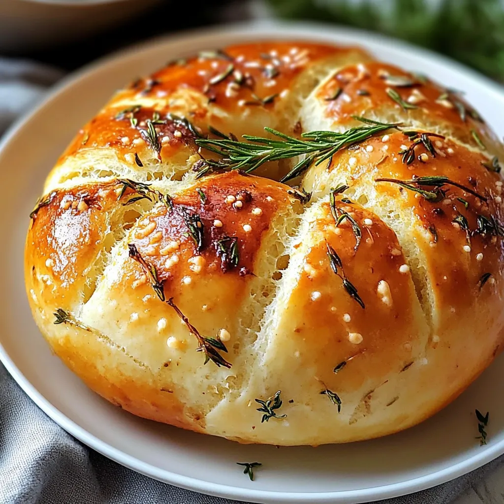 A plate of bread with herbs on top.