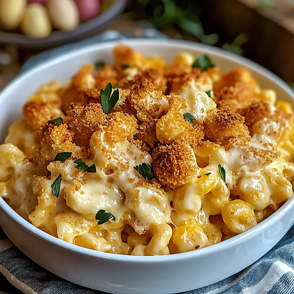 A bowl of macaroni and cheese with bread crumbs on top.