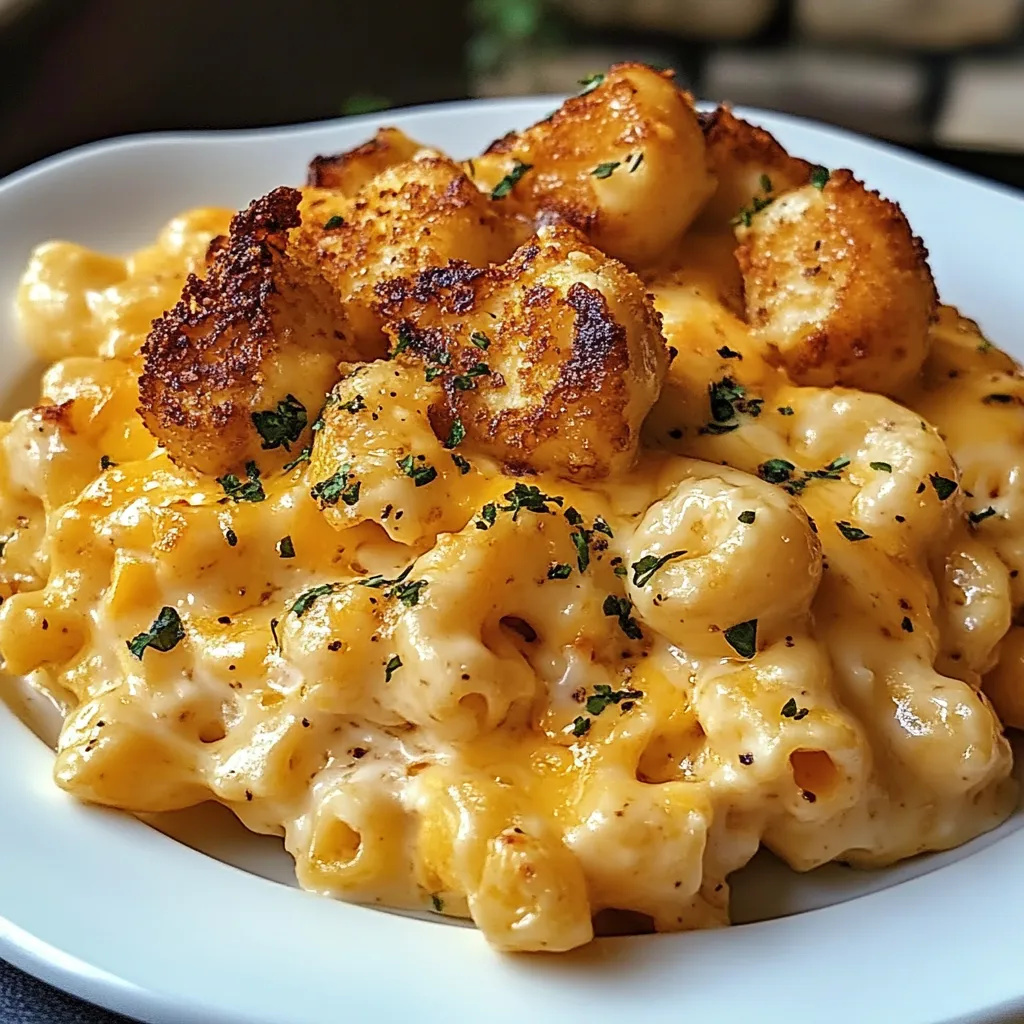 A white plate with macaroni and cheese.