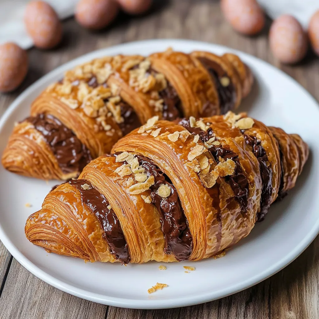 A plate of croissants with chocolate and nuts.
