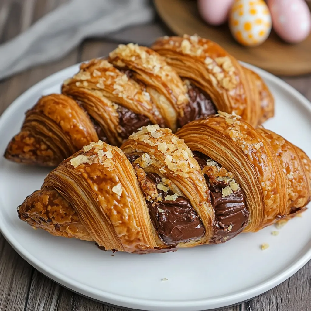 A plate of croissants with chocolate on top.