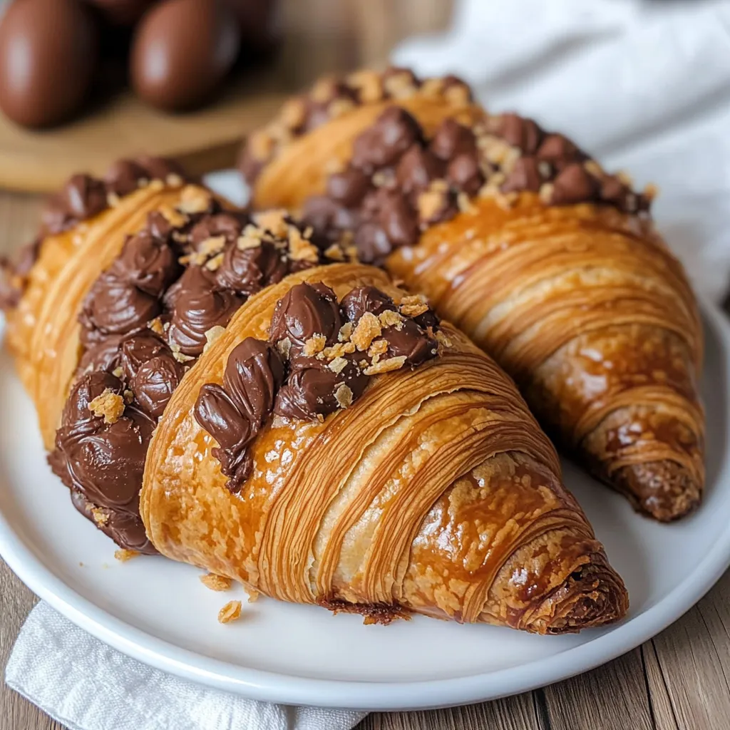 Two croissants with chocolate and nuts on a plate.