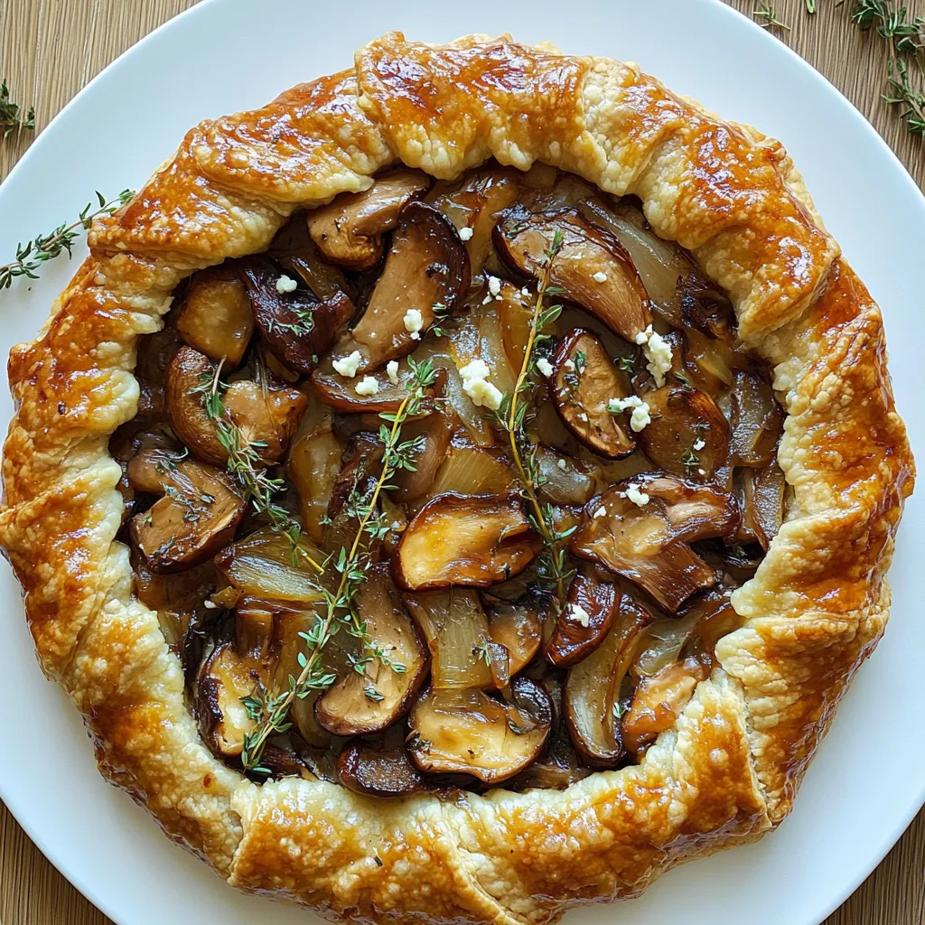 A pie with mushrooms and herbs on top.
