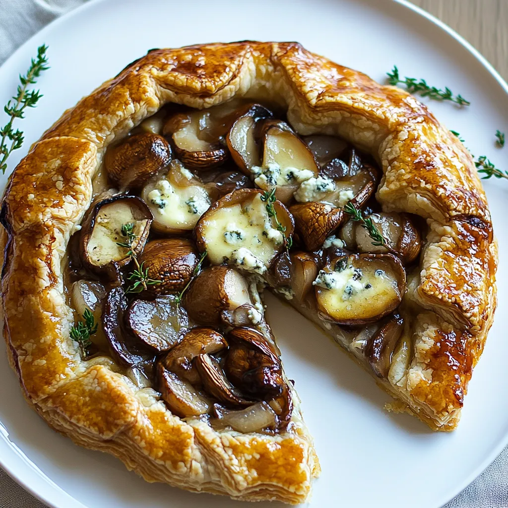A slice of pie with mushrooms and blue cheese.