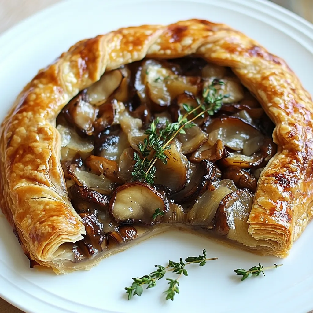A pastry with mushrooms on a white plate.