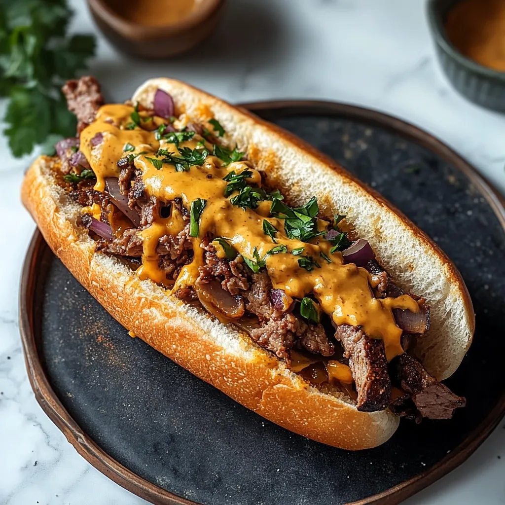 A sandwich with meat and cheese on a bun.