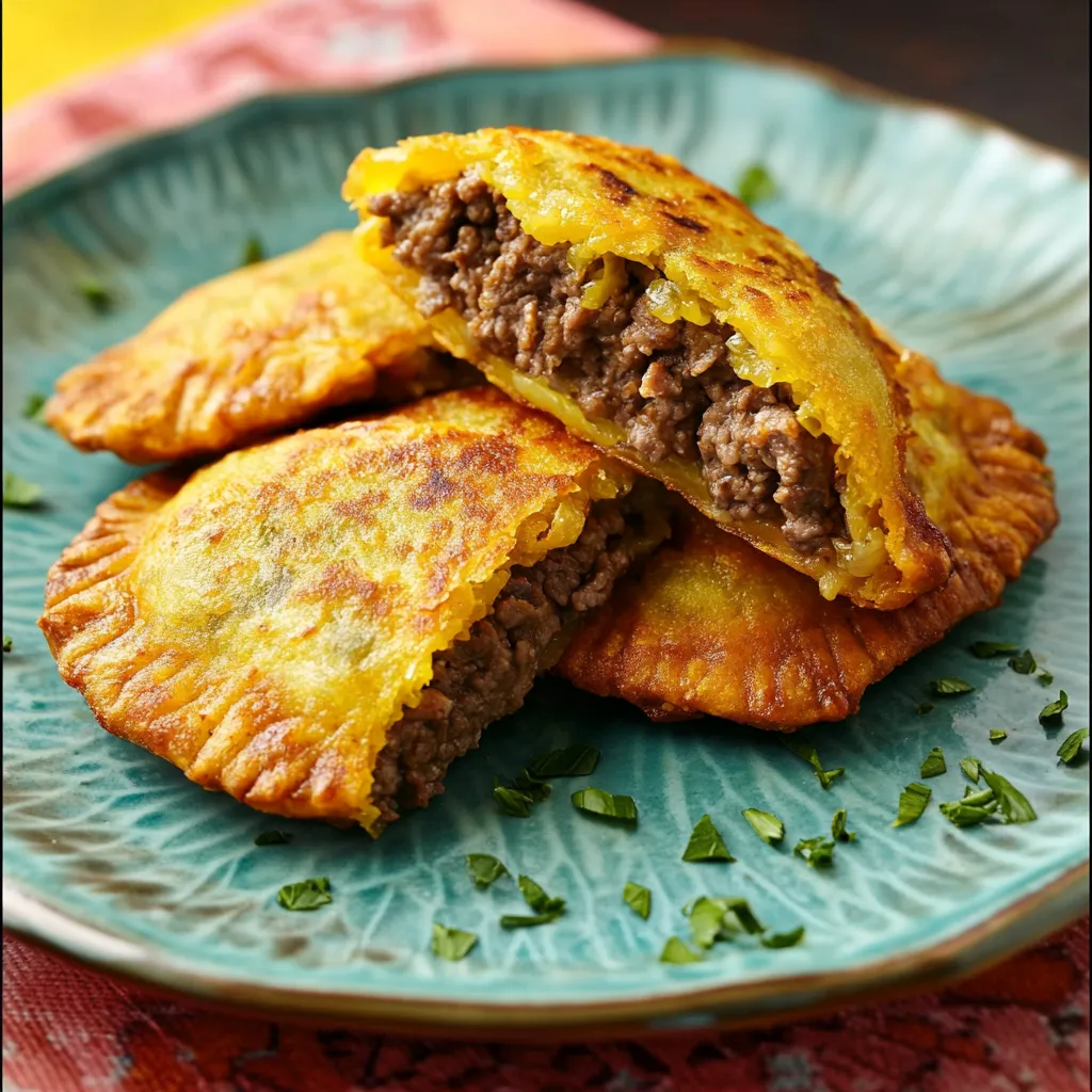 Two meat filled pastries on a plate.