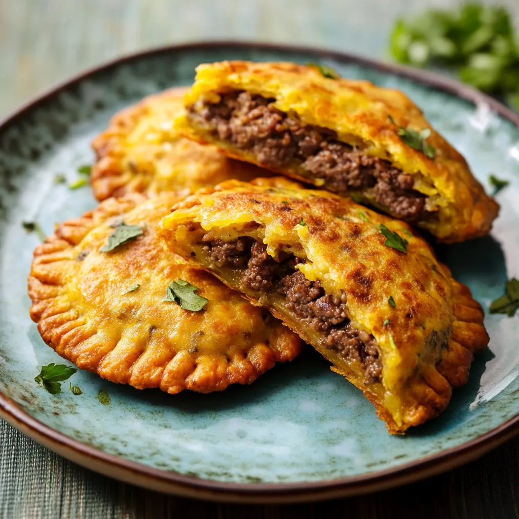 Two meat filled pastries on a plate.