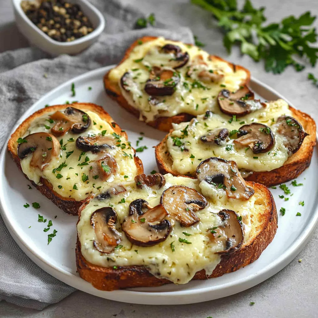 A plate of mushroom toast with cheese.