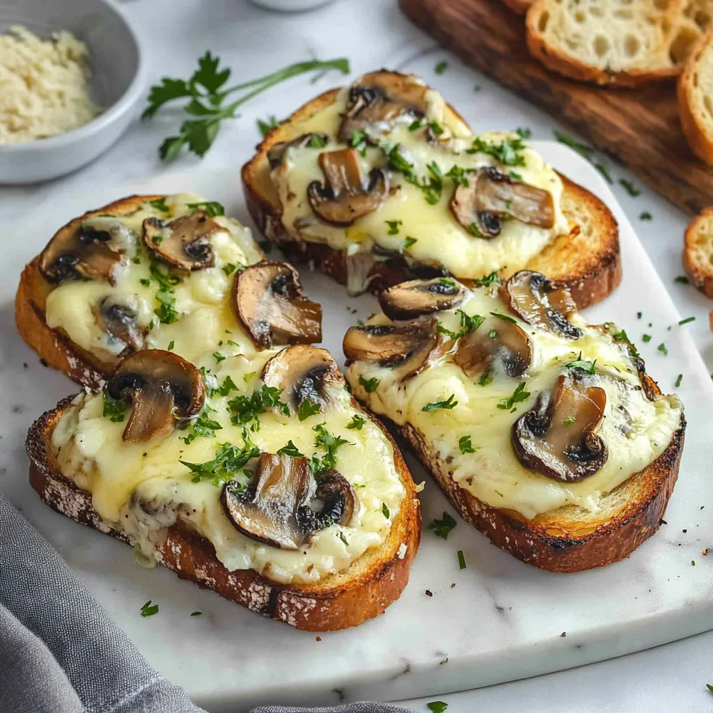 Two pieces of mushroom and cheese toast.