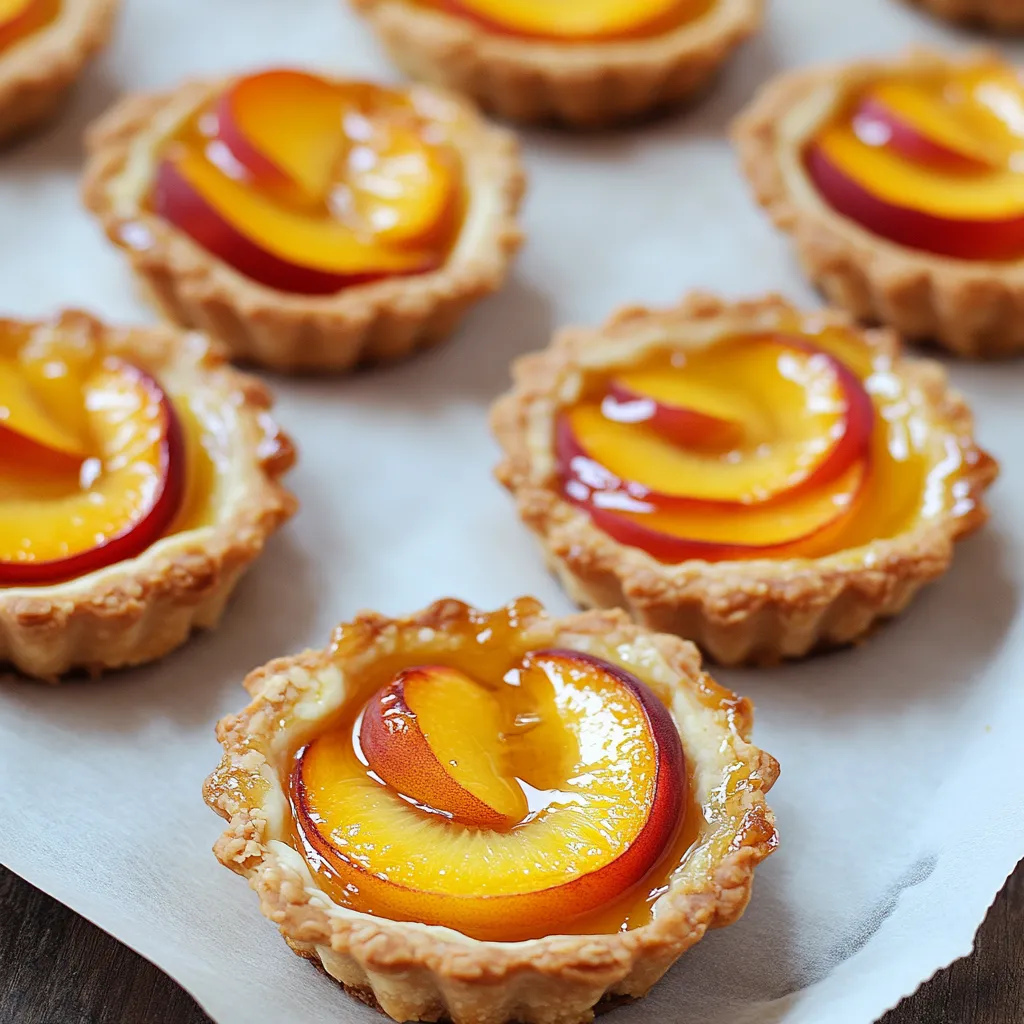 A tray of fruit tarts with a peach tart on the bottom.