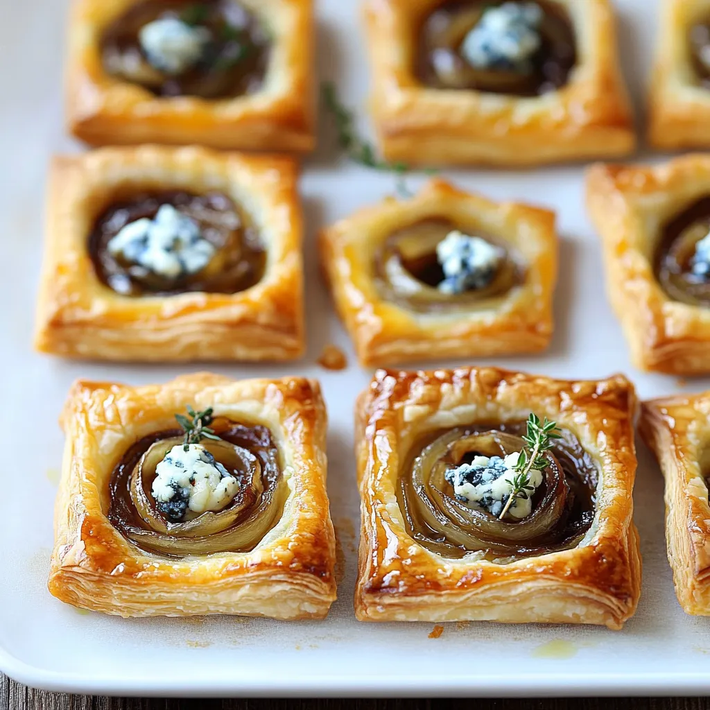 A white plate with 12 blue cheese and onion pastries.
