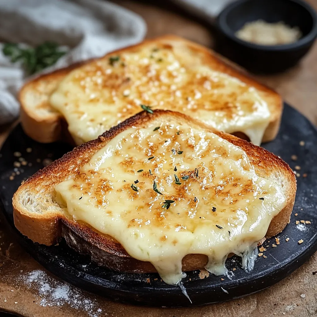 Two pieces of toast with cheese on top.