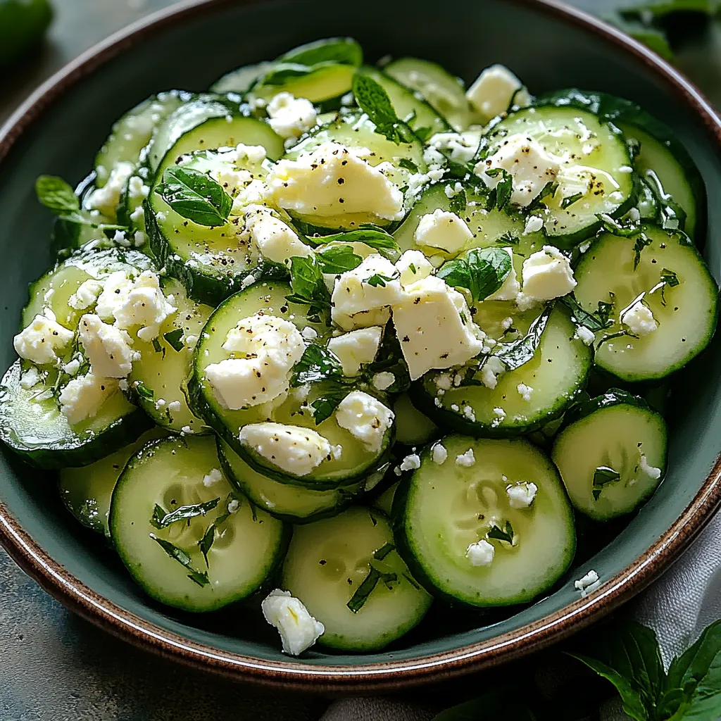 A bowl of cucumbers with feta cheese.