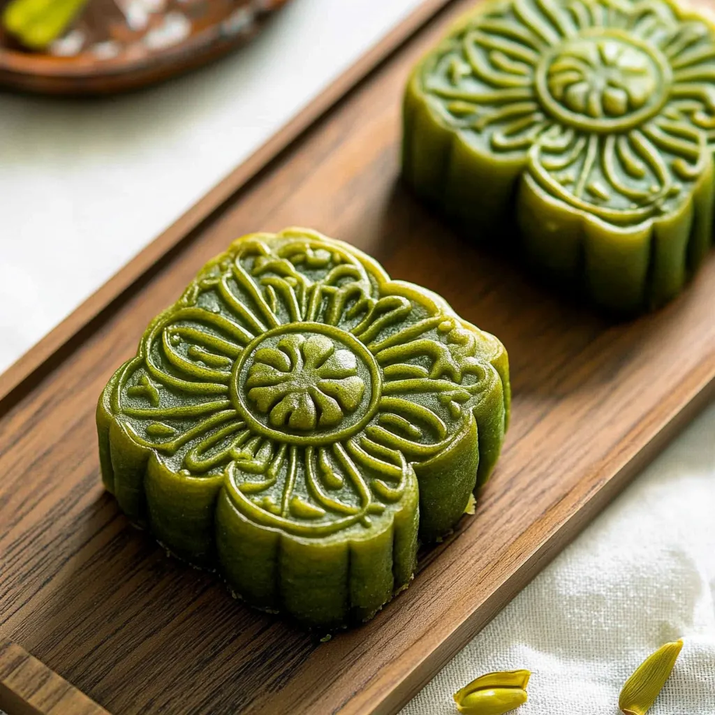 Two green cakes on a wooden board.