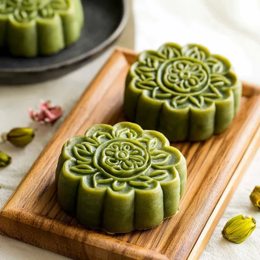 Two green cakes on a wooden board.