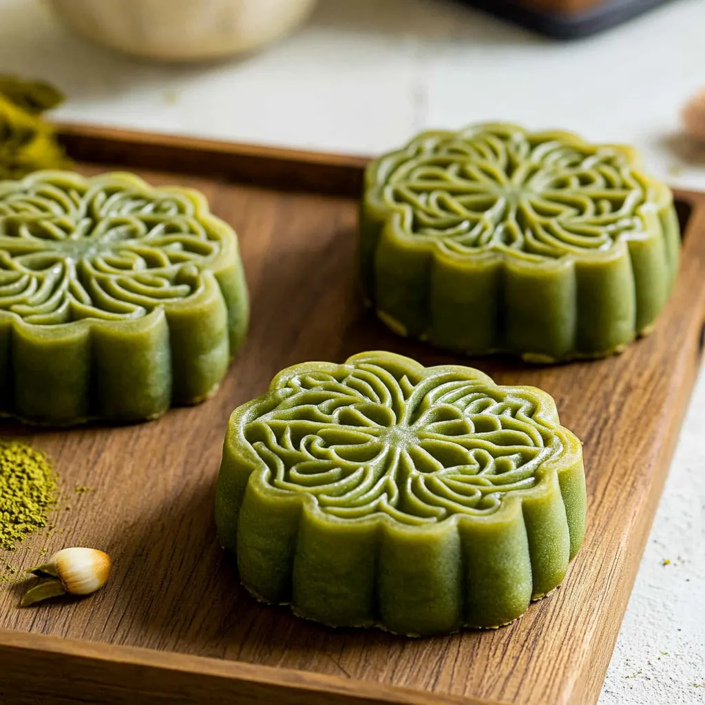 Three green cakes on a wooden tray.