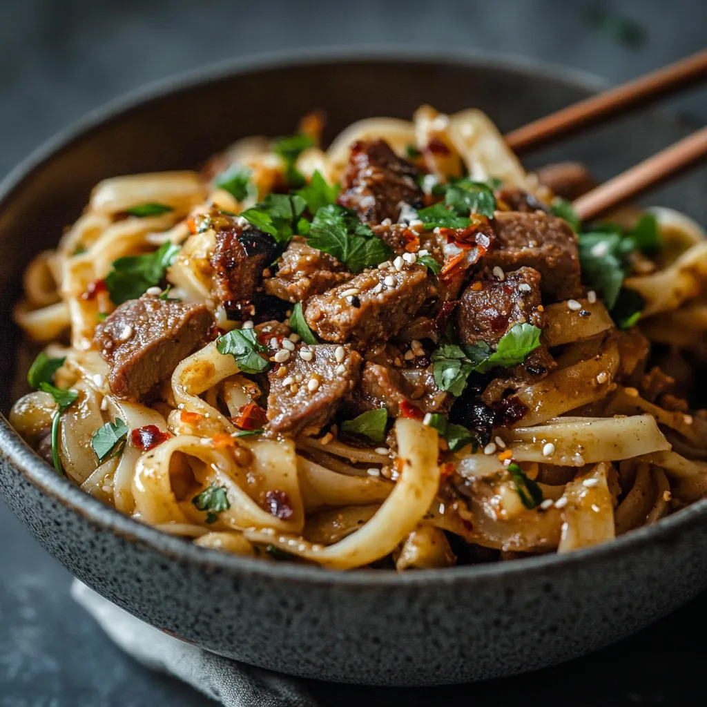 A bowl of noodles with meat and vegetables.