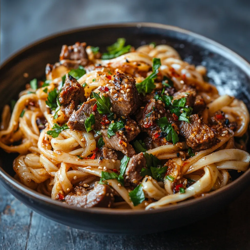 A bowl of noodles with meat and vegetables.