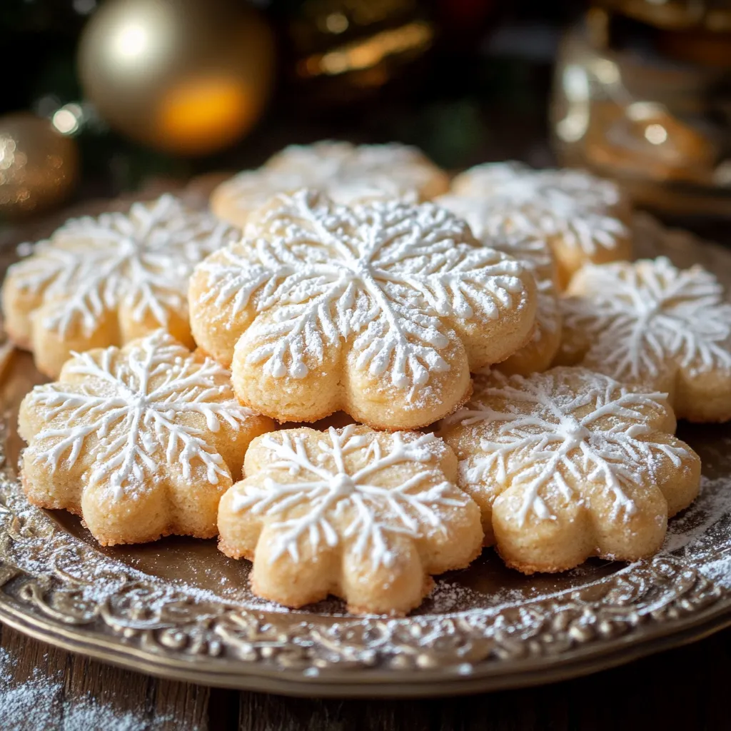 A plate of cookies with white icing and snowflakes.