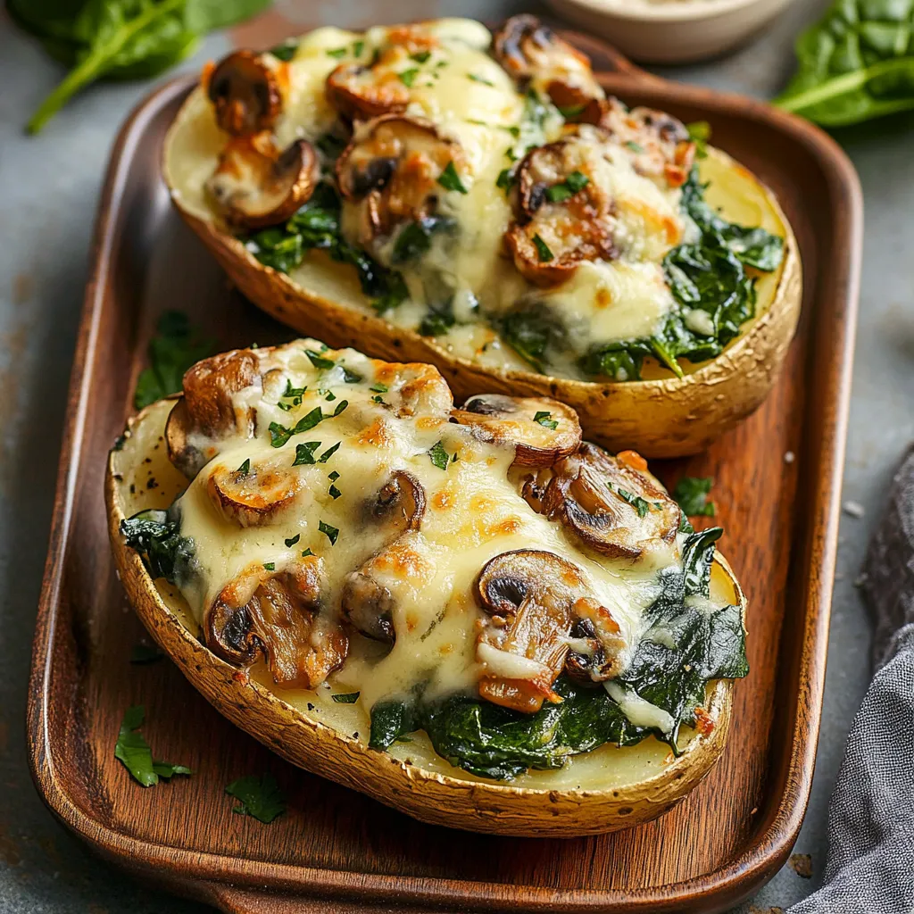Two slices of mushroom and spinach stuffed potatoes.