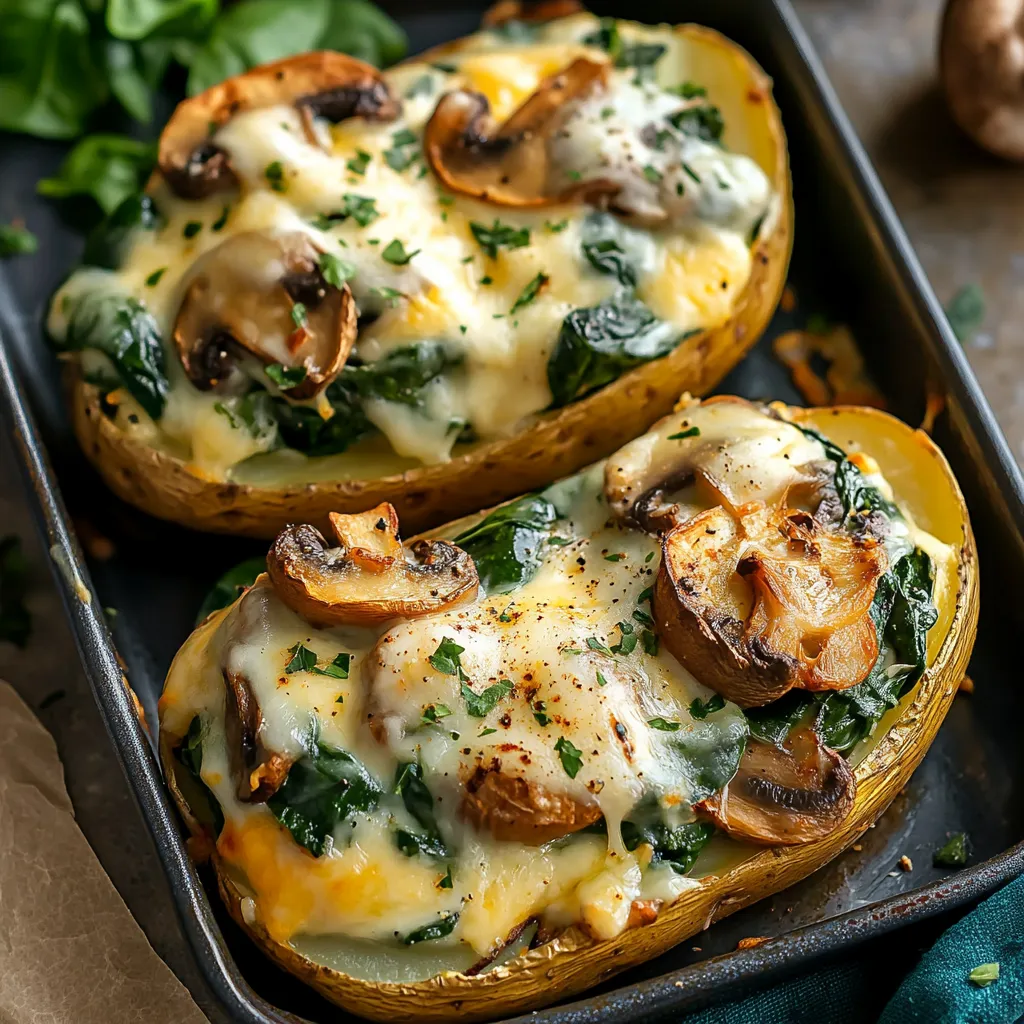 Two slices of mushroom and spinach stuffed potatoes.