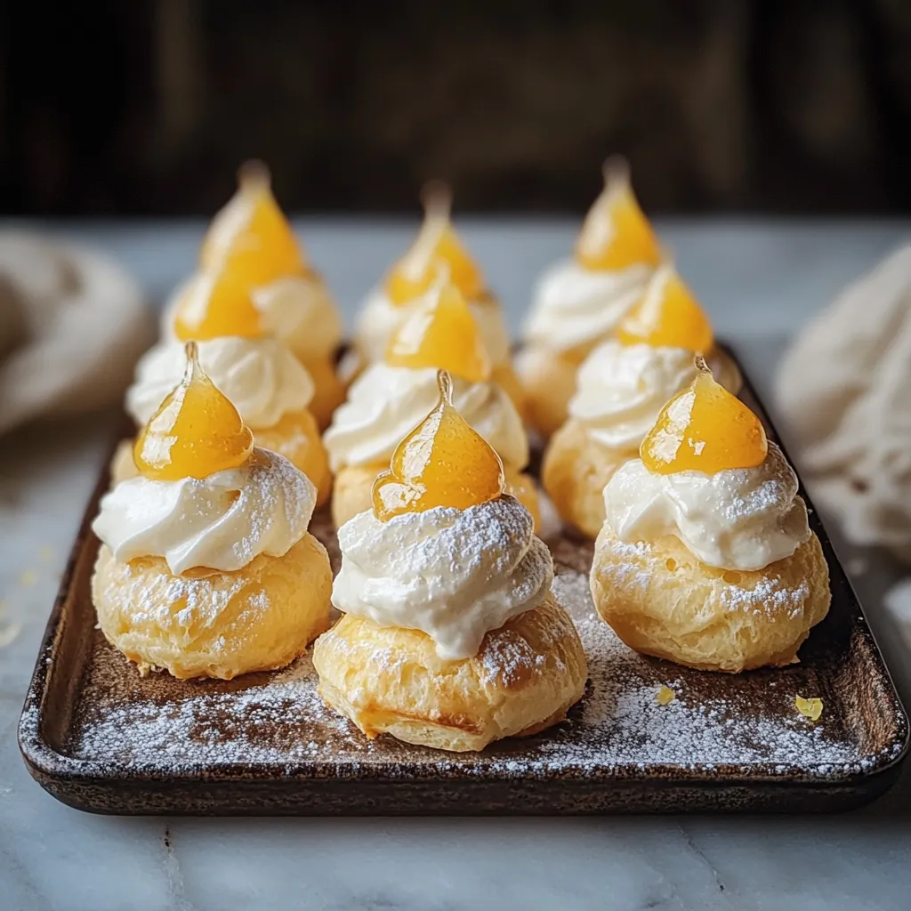 A plate of pastries with white frosting and orange tops.