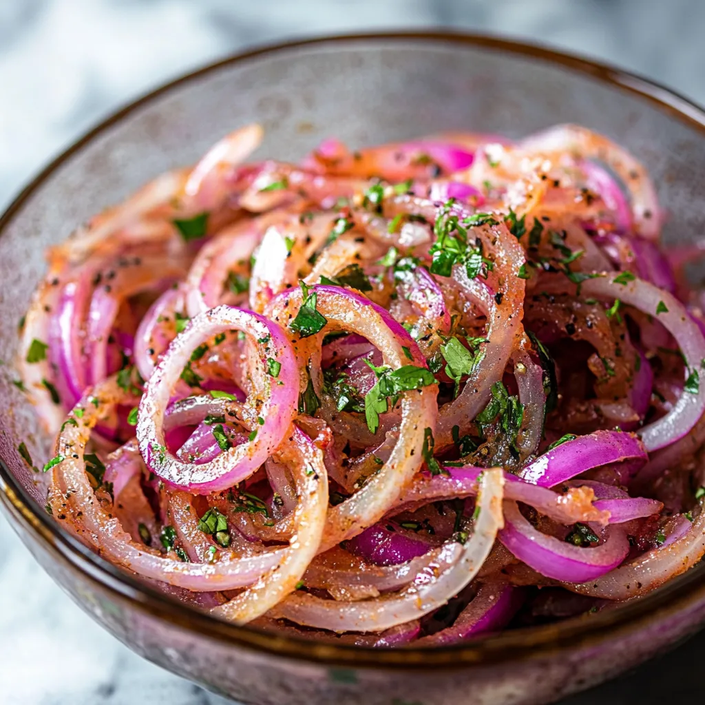 A bowl of food with onions and other vegetables.