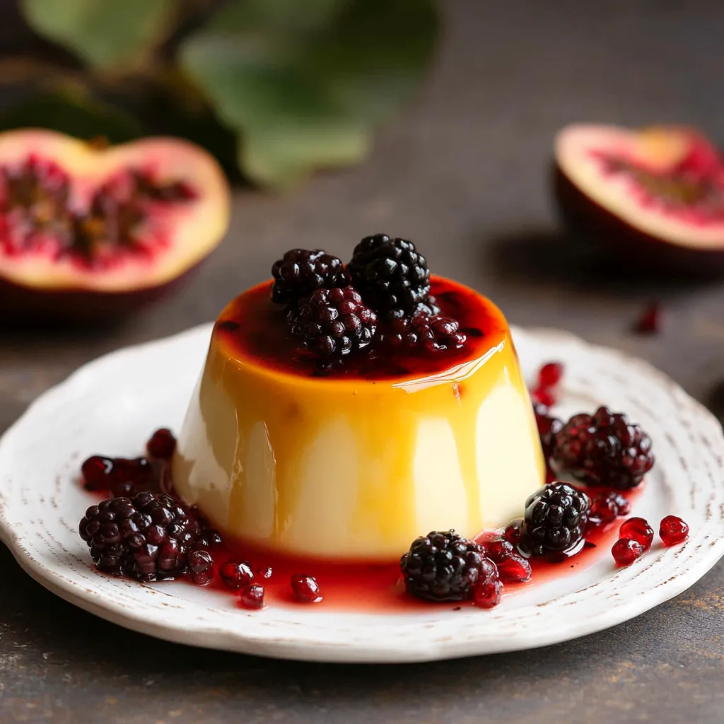 A plate of food with a blackberry sauce and a blackberry on top.